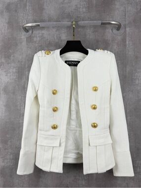 Authentic Balmain White Military-Style Gold-Button Blazer